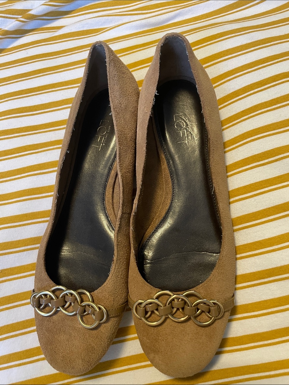 LOFT Brown Suede Flats with Gold Chain Accent
